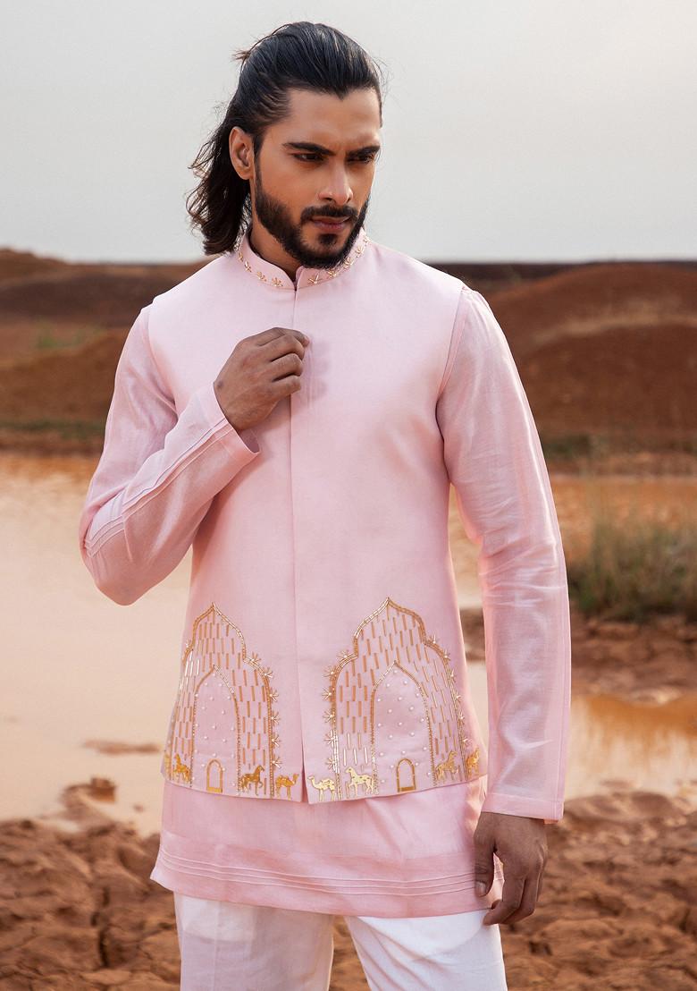 Buy Blush Pink Hand Embroidered Arch Bundi Jacket Set For Men