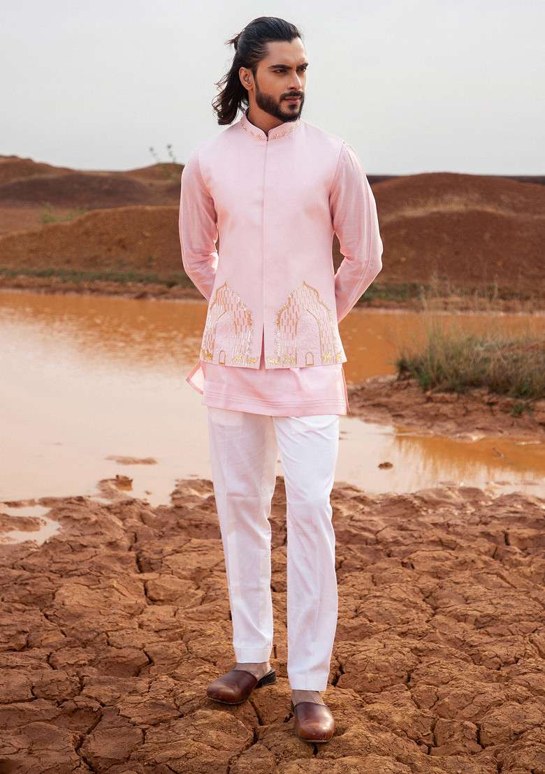 Blush Pink Hand Embroidered Arch Bundi Jacket Set For Men - Indya