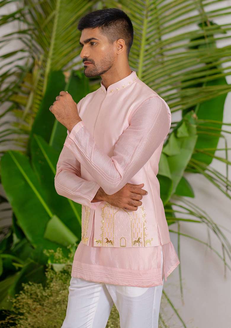 Blush Pink Hand Embroidered Arch Bundi Jacket Set For Men - Indya