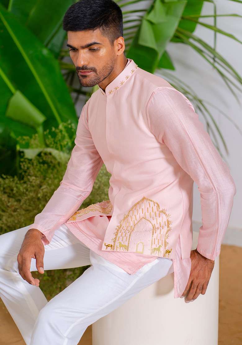 Blush Pink Hand Embroidered Arch Bundi Jacket Set For Men - Indya