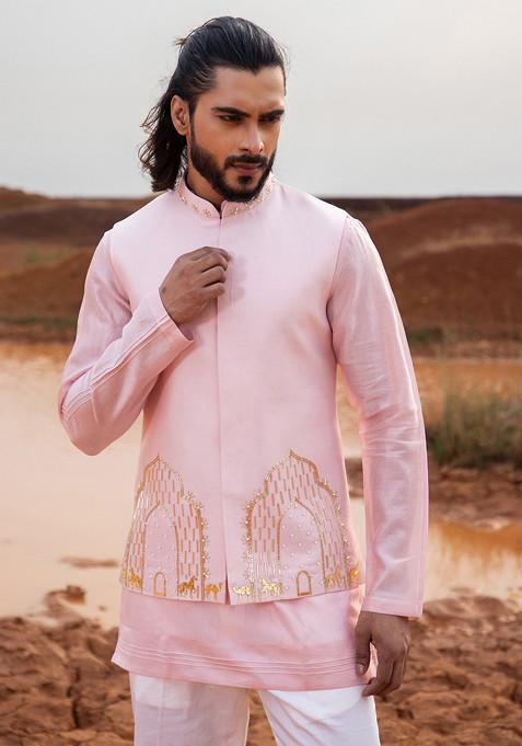 Blush Pink Hand Embroidered Arch Bundi Jacket Set For Men