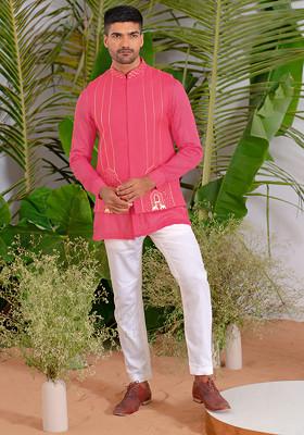 Hot Pink Hand Embroidered Arch Bundi Jacket Set For Men