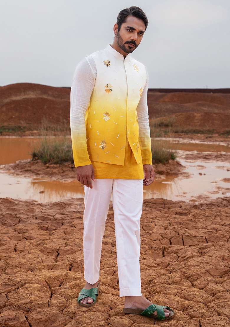 Yellow Ombre Hand Embroidered Bundi Jacket Set For Men - Indya