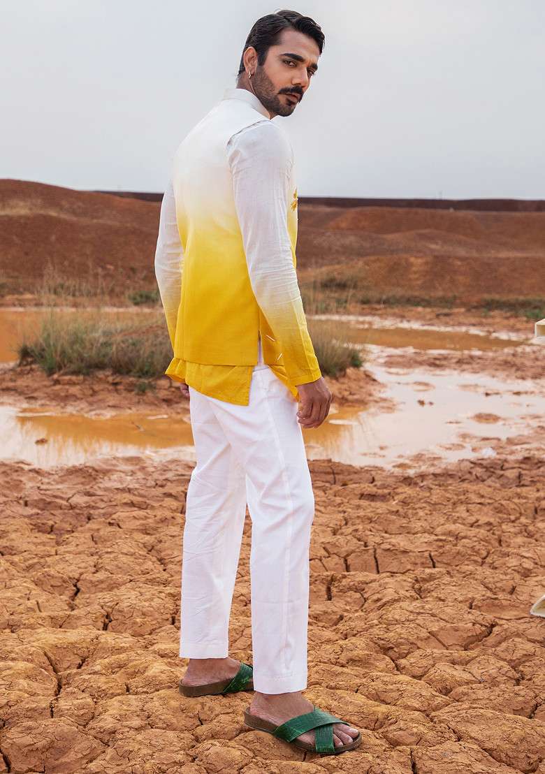 Yellow Ombre Hand Embroidered Bundi Jacket Set For Men - Indya