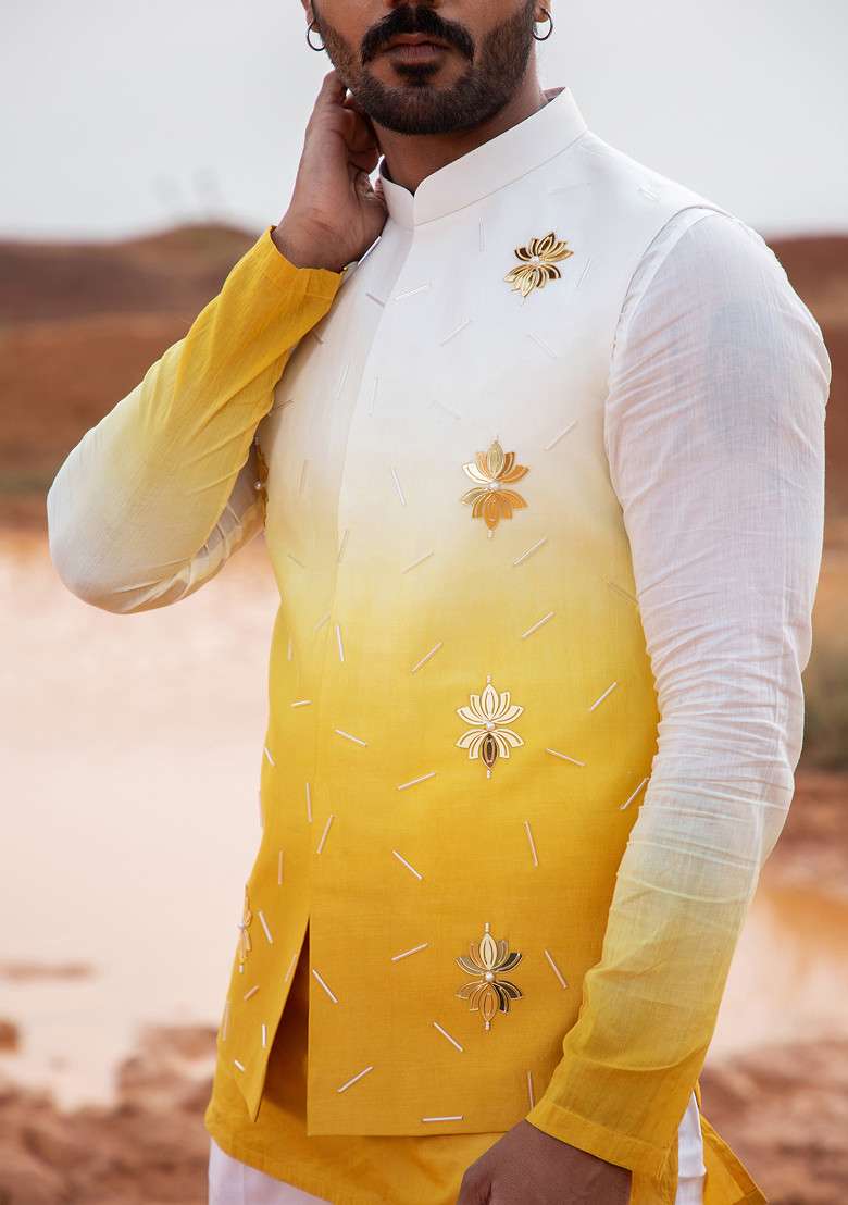 Yellow Ombre Hand Embroidered Bundi Jacket Set For Men - Indya