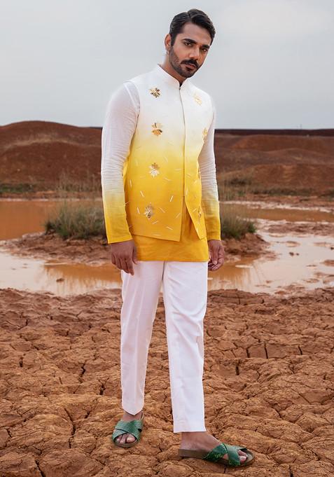 Yellow Ombre Hand Embroidered Bundi Jacket Set For Men