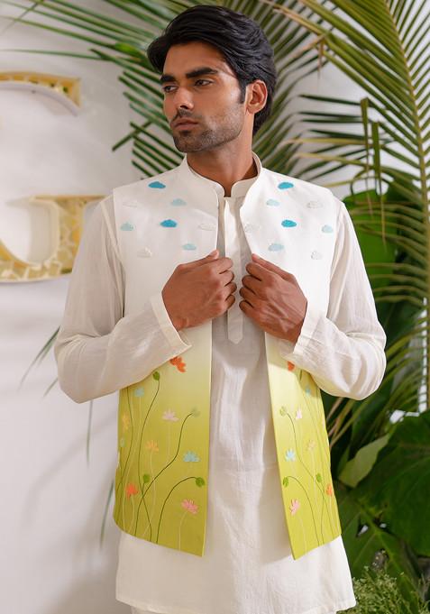 Multicolour Hand Embroidered Flora Aura Bundi Jacket Set For Men