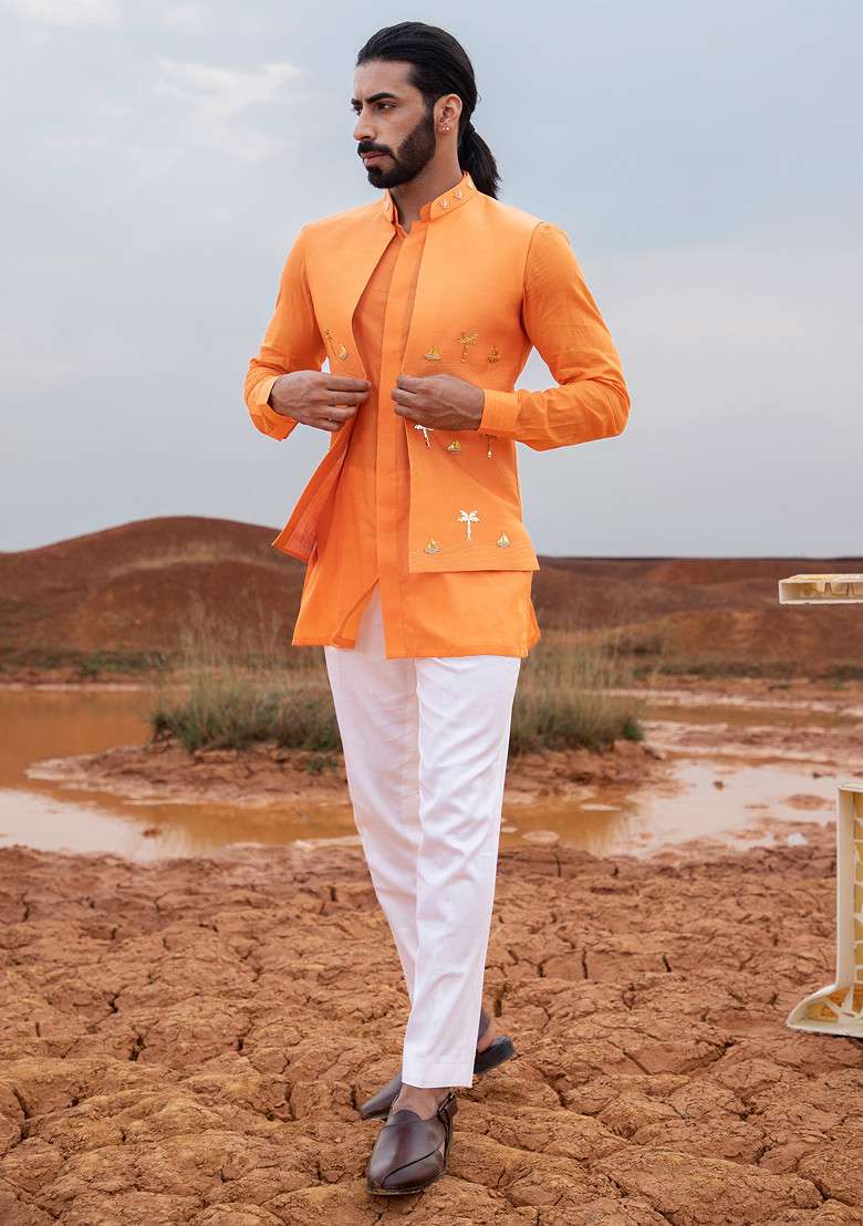Orange Hand Embroidered Boat Bundi Jacket Set For Men - Indya