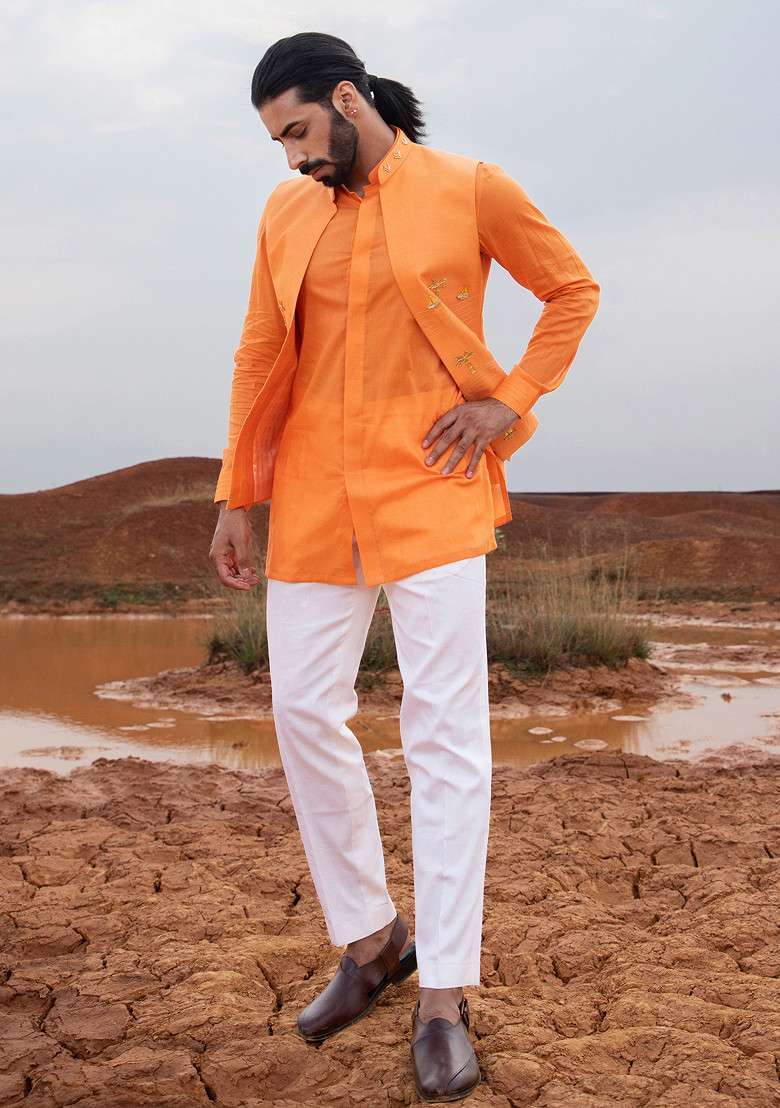 Orange Hand Embroidered Boat Bundi Jacket Set For Men - Indya