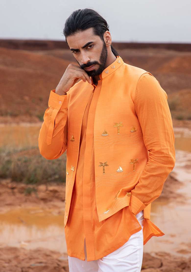 Orange Hand Embroidered Boat Bundi Jacket Set For Men - Indya