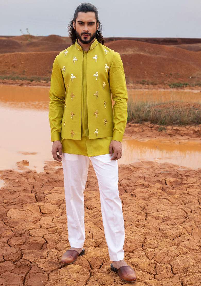 Green Hand Embroidered Bundi Jacket Set For Men - Indya
