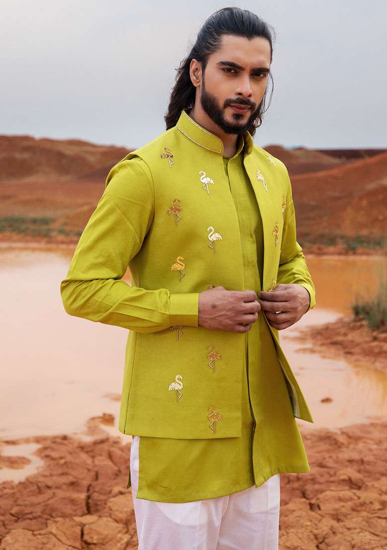 Green Hand Embroidered Bundi Jacket Set For Men - Indya