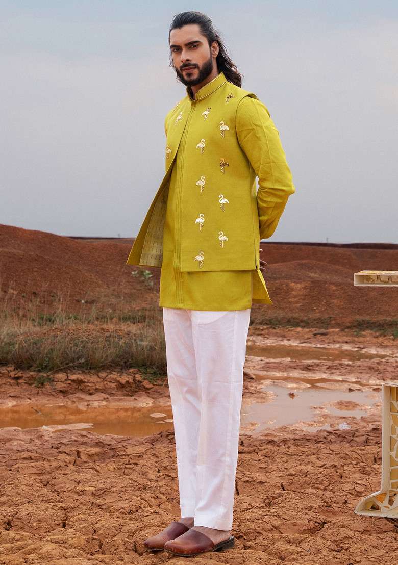 Green Hand Embroidered Bundi Jacket Set For Men - Indya