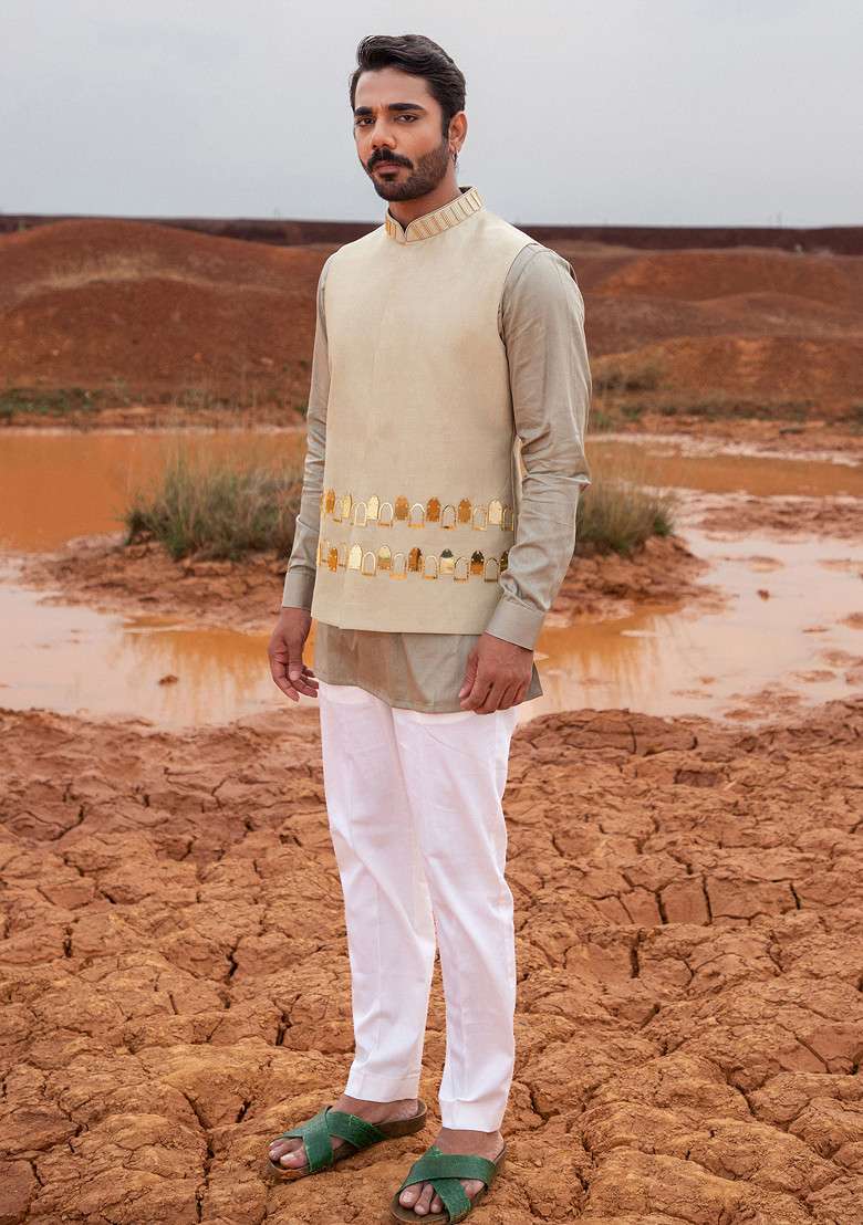 Khaki Hand Embroidered Bundi Jacket Set For Men - Indya