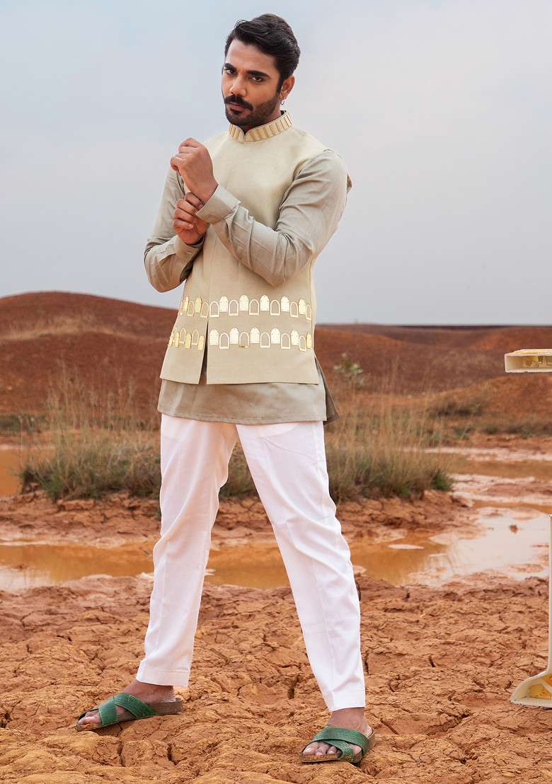 Khaki Hand Embroidered Bundi Jacket Set For Men - Indya