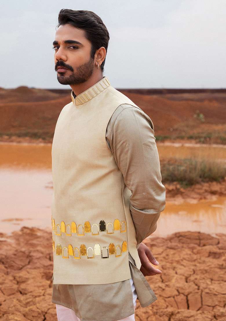 Khaki Hand Embroidered Bundi Jacket Set For Men - Indya