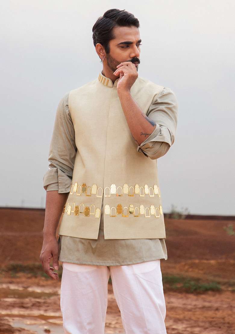 Khaki Hand Embroidered Bundi Jacket Set For Men - Indya
