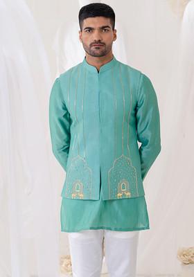 Teal Blue Cut Pipe Embellished Summer Bundi Jacket Set For Men