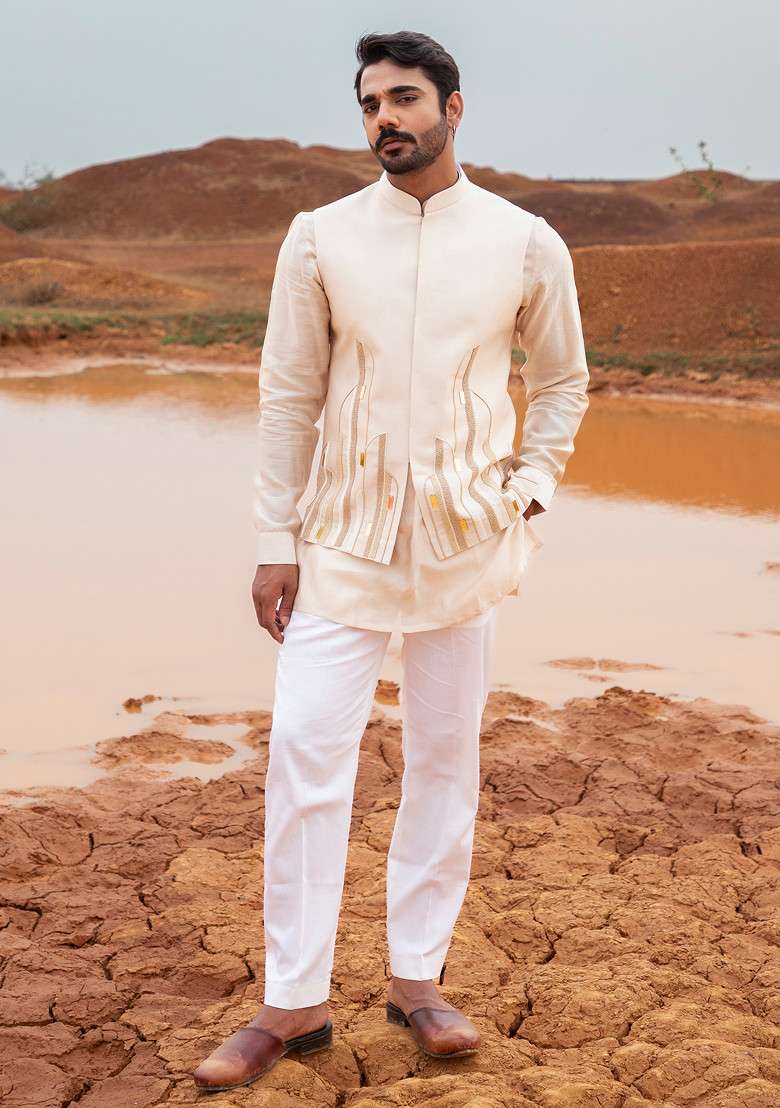 Sand Brown Bead Embellished Abstract Bundi Jacket Set For Men - Indya
