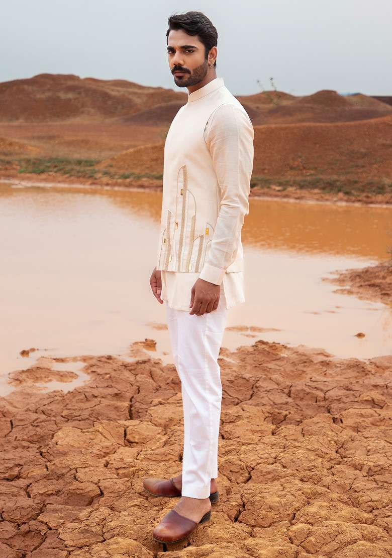 Sand Brown Bead Embellished Abstract Bundi Jacket Set For Men - Indya