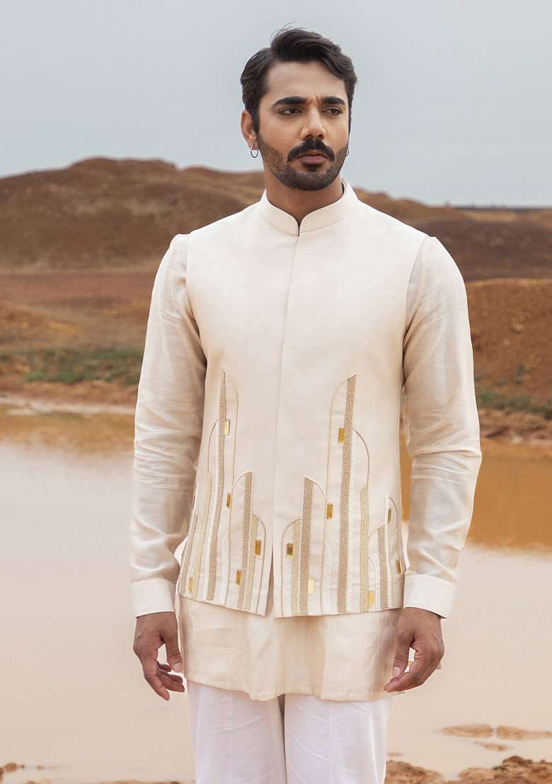 Sand Brown Bead Embellished Abstract Bundi Jacket Set For Men - Indya