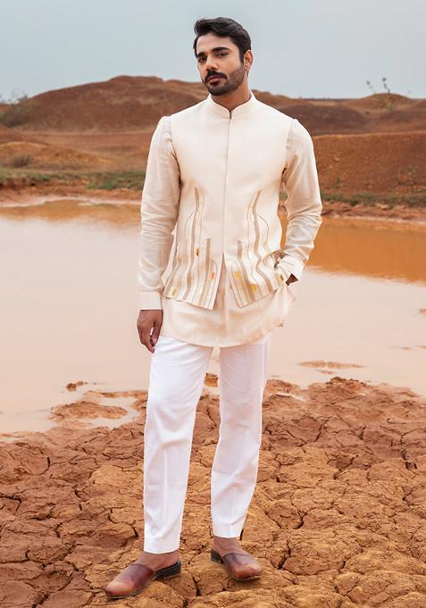 Sand Brown Bead Embellished Abstract Bundi Jacket Set For Men
