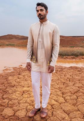 Brown Ombre Cut Pipe Embellished Bundi Jacket Set For Men