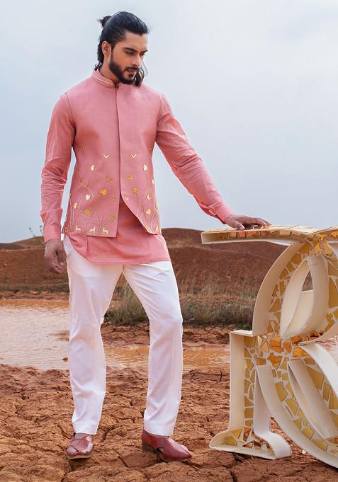 Dusty Pink Cut Pipe Embellished Bundi Jacket Set For Men