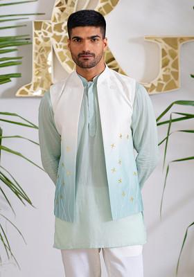 Blue Ombre Cut Pipe Embellished Bundi Jacket Set For Men