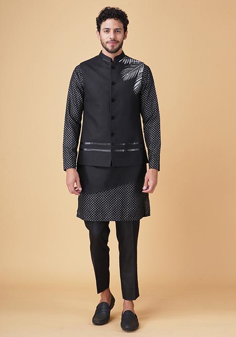 Black Asymmetric Bundi Jacket And Kurta Set For Men