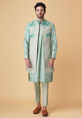 Green Longline Bundi Jacket And Kurta Set For Men