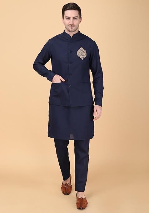 Navy Blue Hand Embroidered Bundi Jacket And Kurta Set For Men
