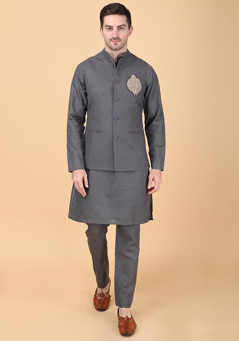 Ash Grey Hand Embroidered Bundi Jacket And Kurta Set For Men