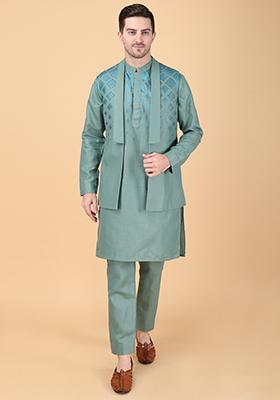 Sage Green Abstract Print Hand Embroidered Bundi Jacket And Kurta Set For Men