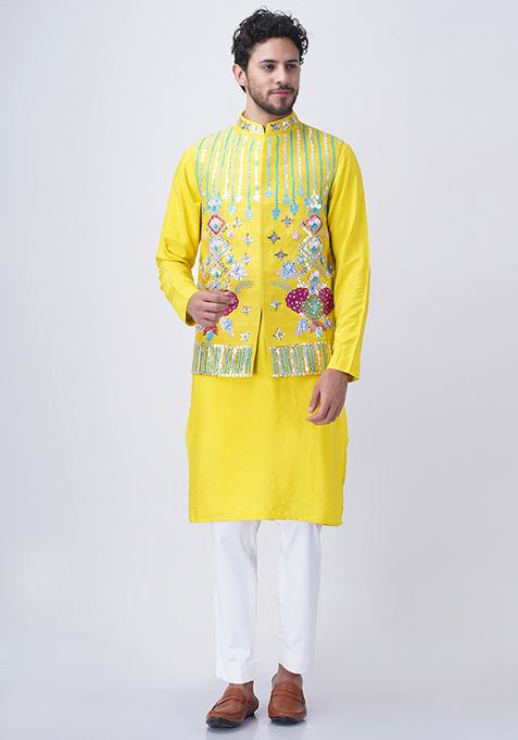 Yellow Resham Thread Work Bundi Jacket And Kurta Set For Men