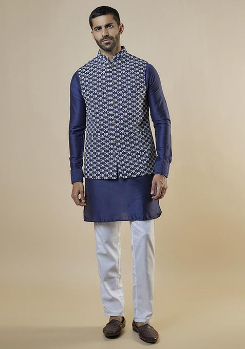 Blue Embroidered Bundi Jacket And Kurta Set For Men