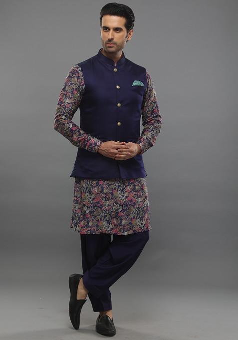 Purple Floral Print Nehru Jacket Set For Men