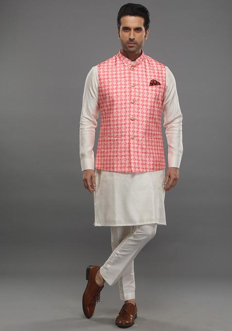 Peach Geometric Print Nehru Jacket Set For Men