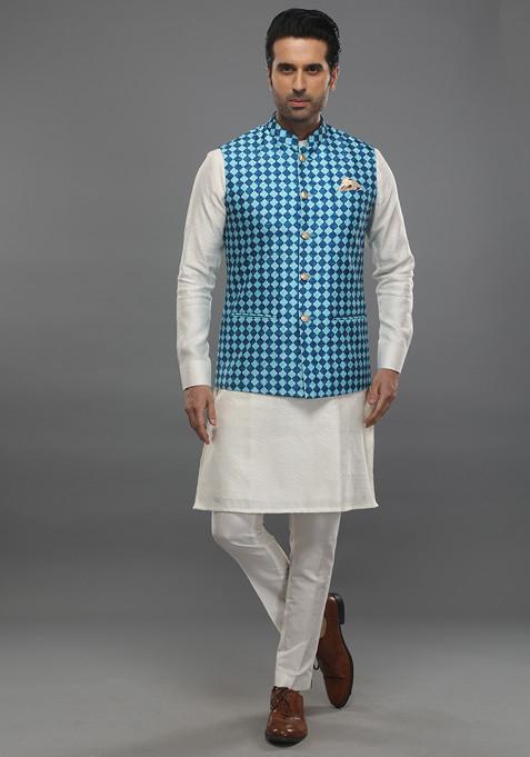 Blue Geometric Print Nehru Jacket Set For Men