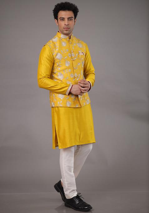 Yellow Hand Embroidered Pure Chanderi Nehru Jacket Set For Men
