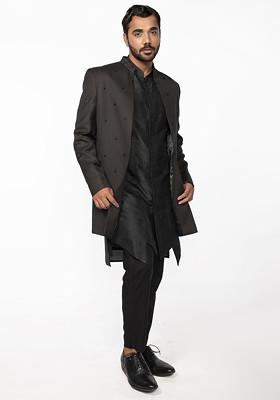 Olive Embroidered Open Jacket Kurta Set For Men