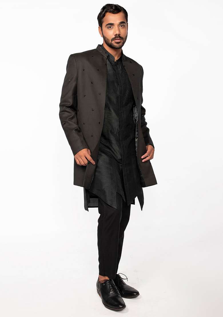 Olive Embroidered Open Jacket Kurta Set For Men - Indya