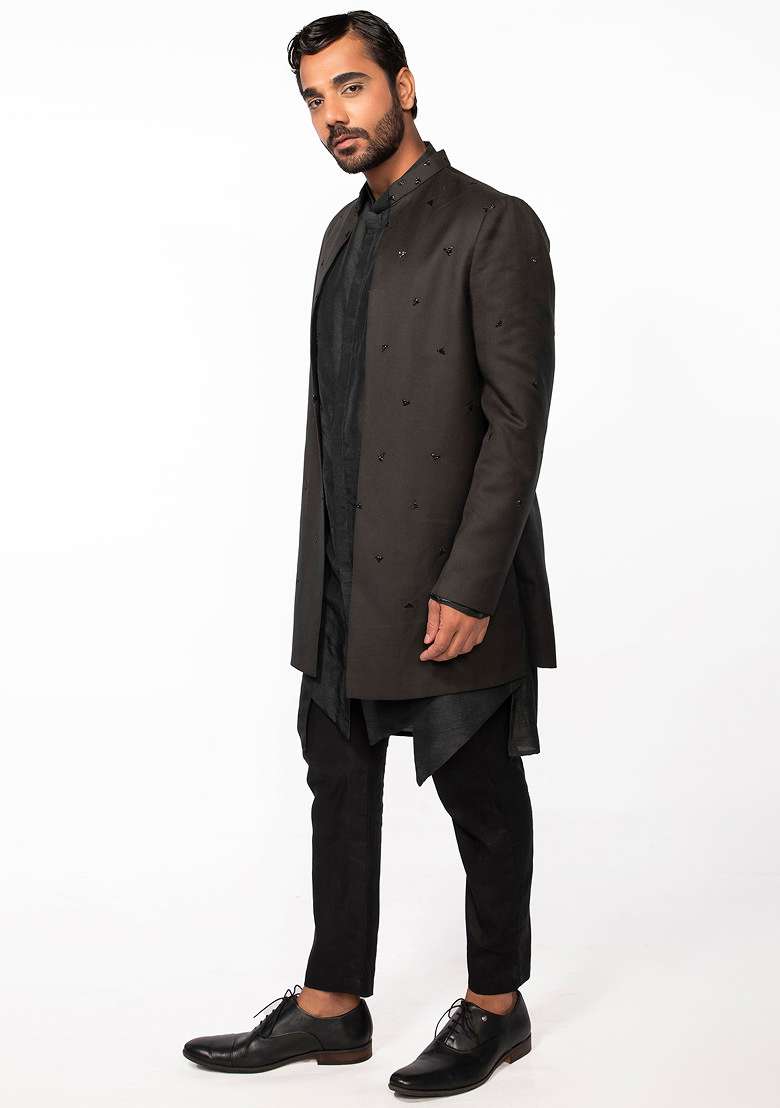 Olive Embroidered Open Jacket Kurta Set For Men - Indya