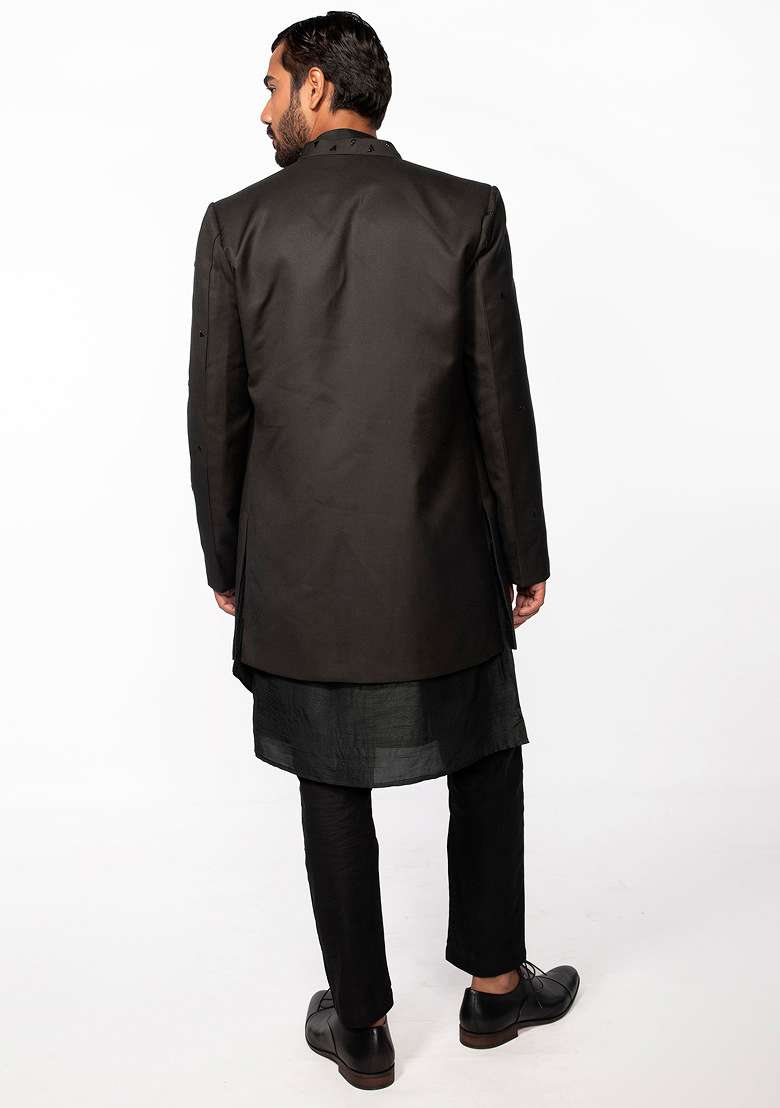Olive Embroidered Open Jacket Kurta Set For Men - Indya