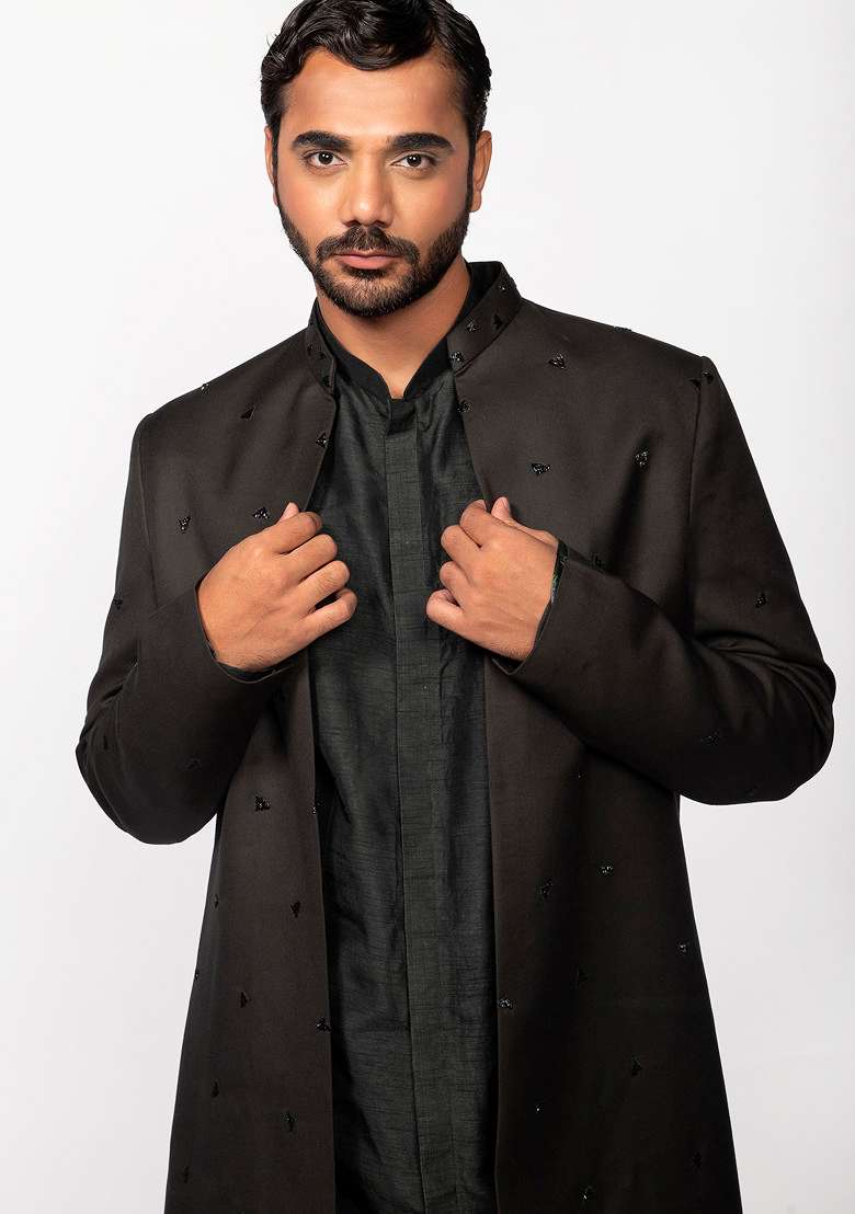 Olive Embroidered Open Jacket Kurta Set For Men - Indya