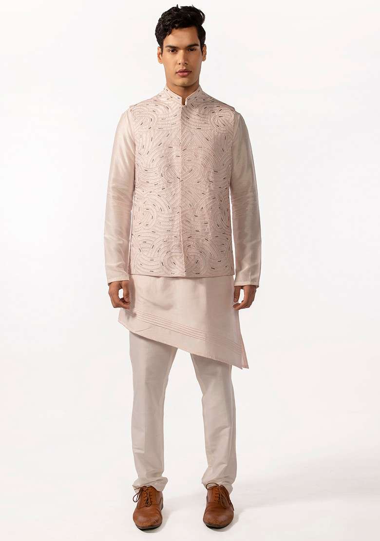 Blush Pink Heavy Embroidered Bundi Jacket And Kurta Set For Men - Indya