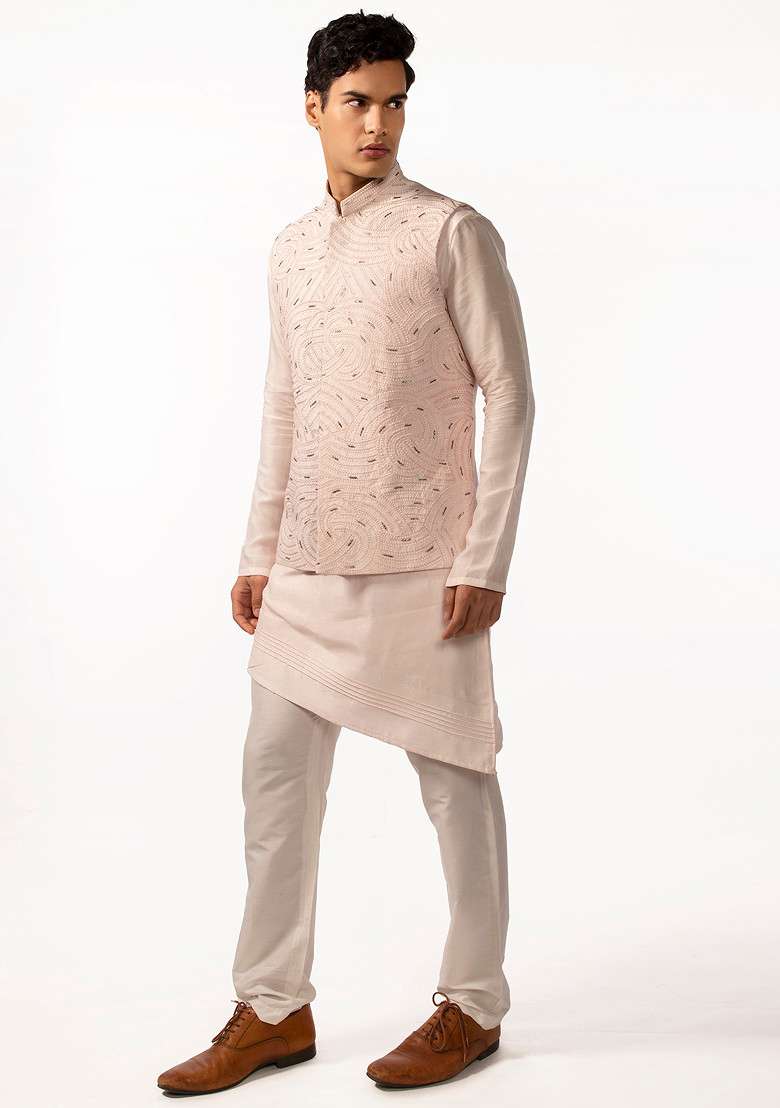 Blush Pink Heavy Embroidered Bundi Jacket And Kurta Set For Men - Indya
