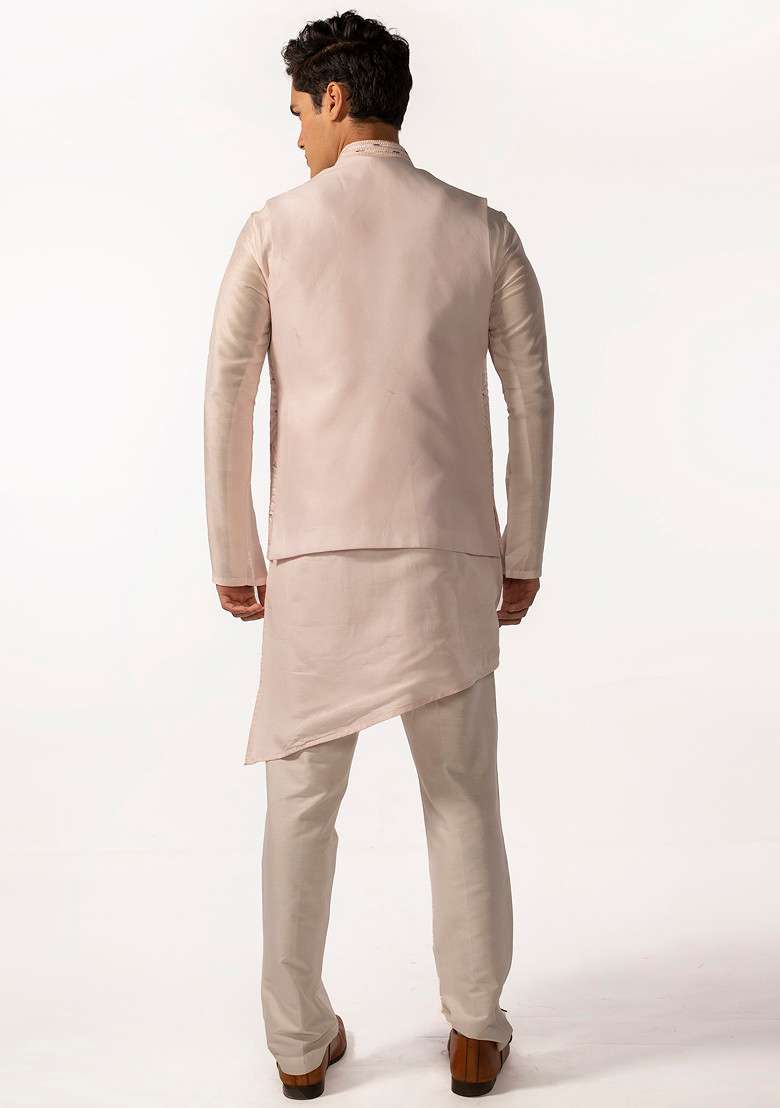 Blush Pink Heavy Embroidered Bundi Jacket And Kurta Set For Men - Indya