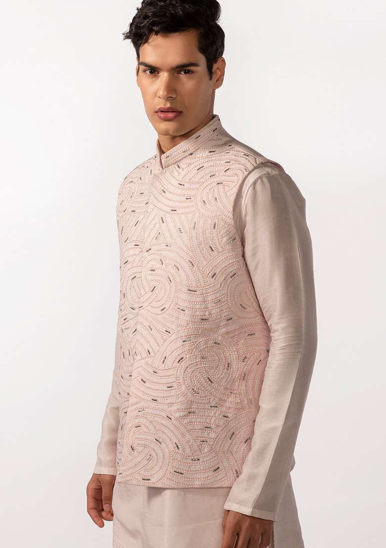 Blush Pink Heavy Embroidered Bundi Jacket And Kurta Set For Men - Indya