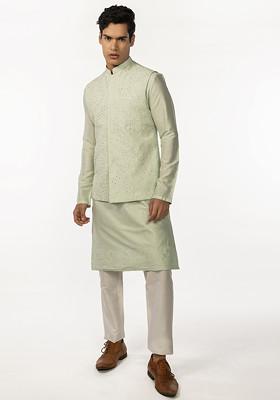 Green Embroidered Bundi Jacket And Kurta Set For Men